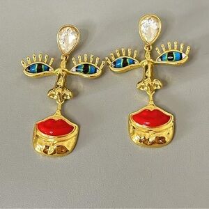 Blue Eyes Gold Face Earrings